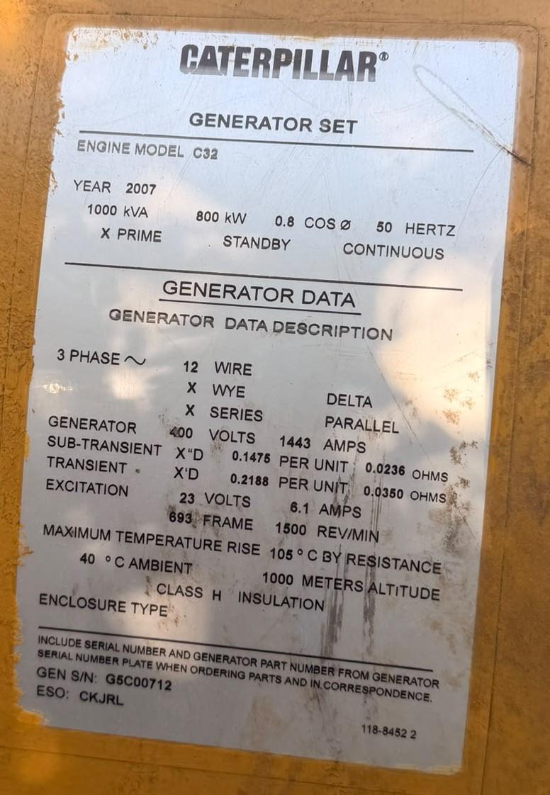 Generator identification plate - 2007 Caterpillar C32 used generator
