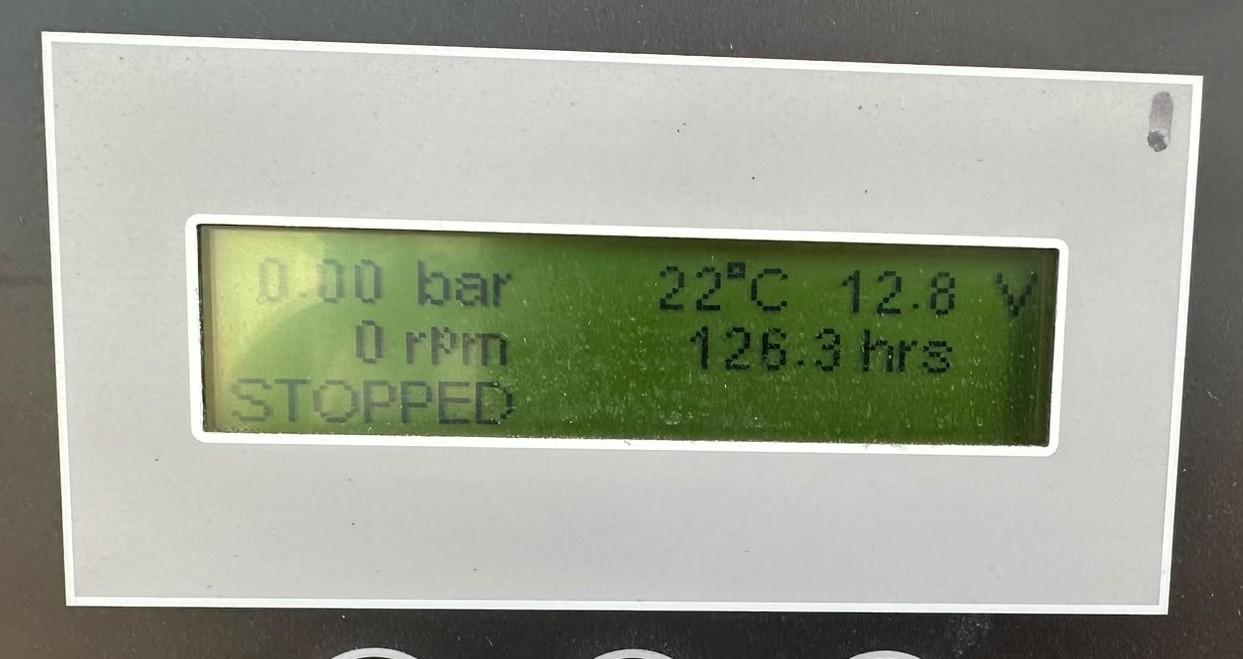Controller display showing 126 recorded hours - 2012 used 100 kVA prime / 110 kVA standby generator