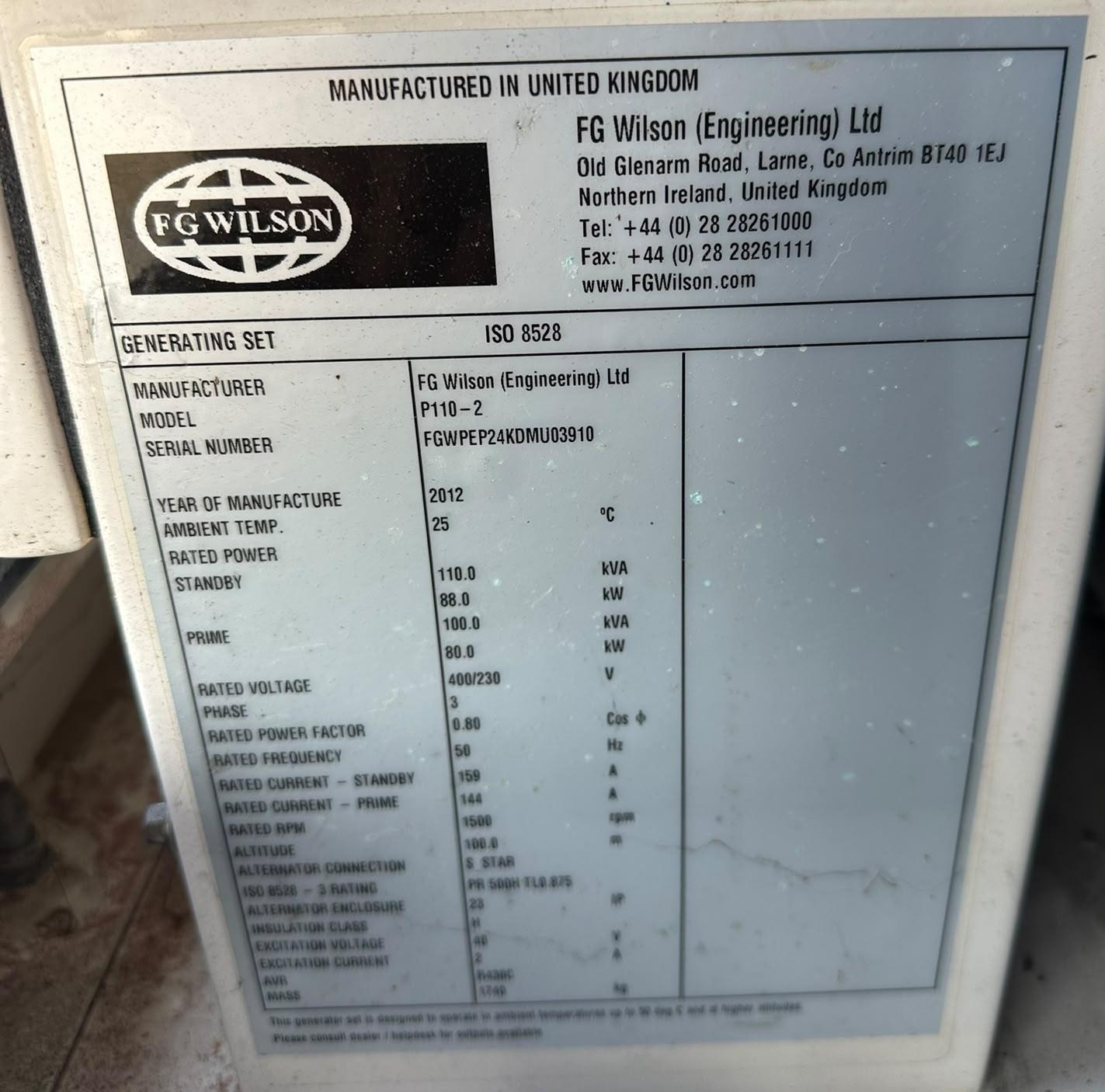 FG Wilson generator identification plate - 2012 used 100 kVA prime / 110 kVA standby generator