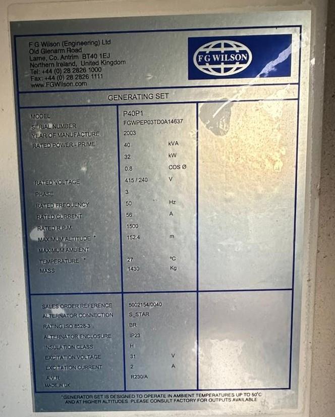 FG Wilson nameplate showing P40P1, 2003 and 40 kVA prime - used FG Wilson P40P1 40 kVA diesel generator