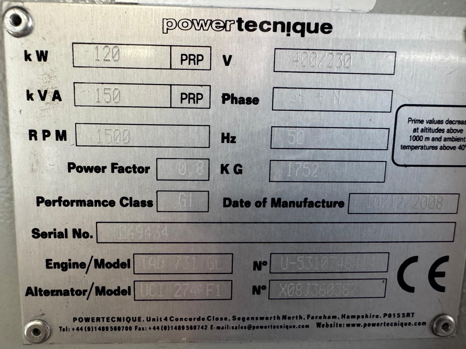 Generator identification plate - 2008 Volvo 150 kVA used generator