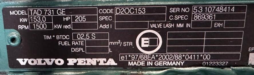 Volvo TAD 731 GE engine identification plate - 2008 Volvo 150 kVA used generator